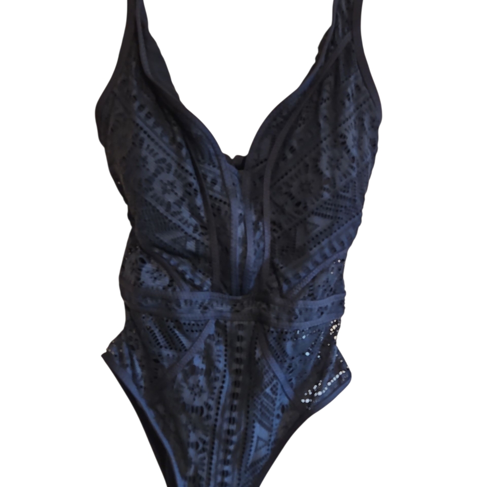BECCA Rebecca Virtue Women's Lace One Piece Swimsuit Black Sz Small